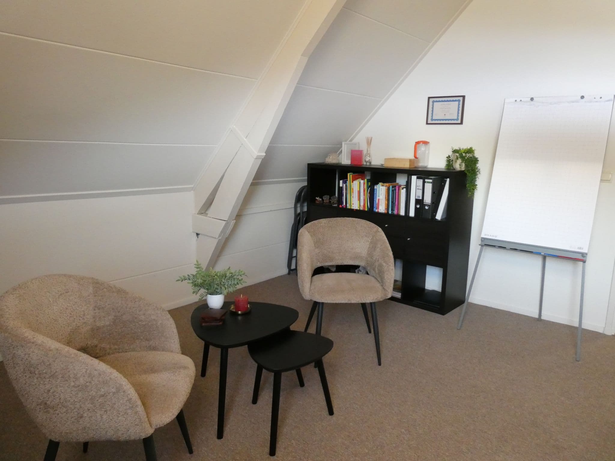 De praktijkruimte van Raquel: stilte, een stoel, een bibliotheek en het Kundalini Reiki Master certificaat aan de wand